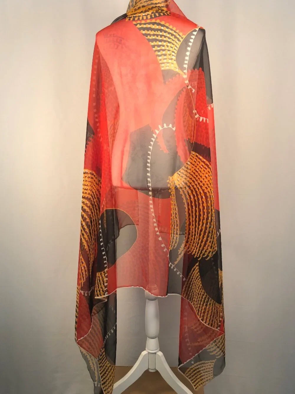 Vintage Fisher & Gentile Sheer Scarf – Red Black Gold Abstract Print | Statement